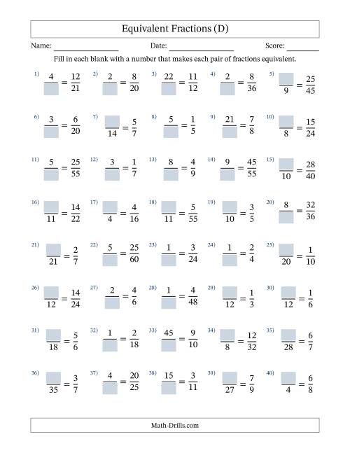 The Equivalent Fractions with Blanks (Multiply or Divide Left) (D) Math Worksheet