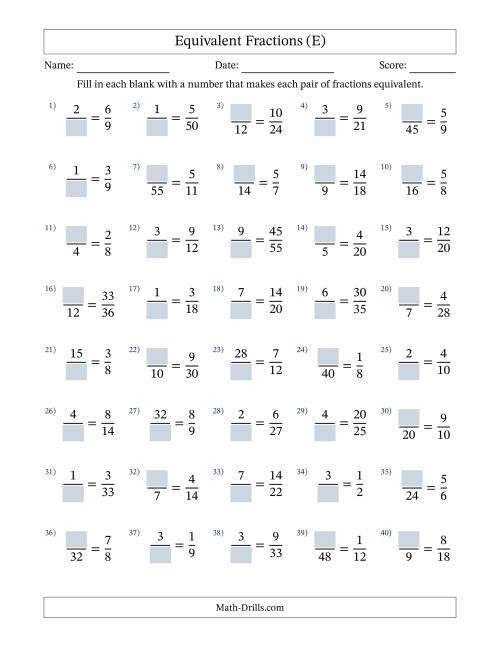 The Equivalent Fractions with Blanks (Multiply or Divide Left) (E) Math Worksheet