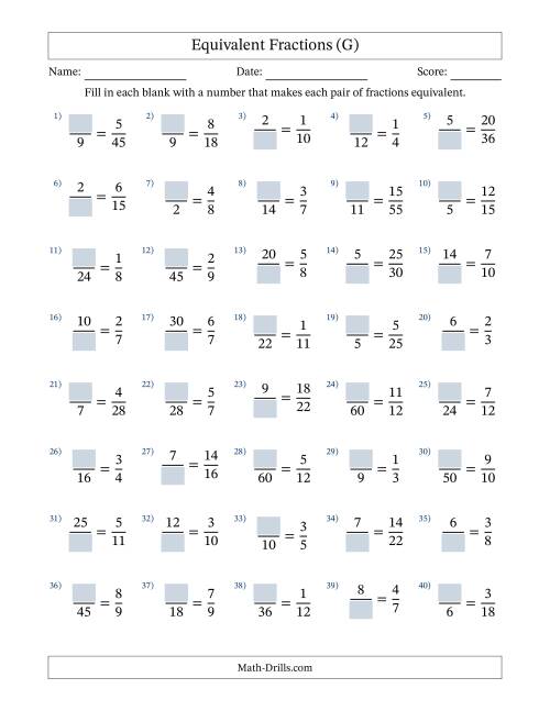 The Equivalent Fractions with Blanks (Multiply or Divide Left) (G) Math Worksheet