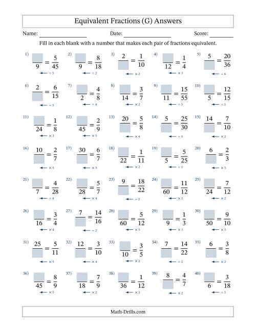 The Equivalent Fractions with Blanks (Multiply or Divide Left) (G) Math Worksheet Page 2