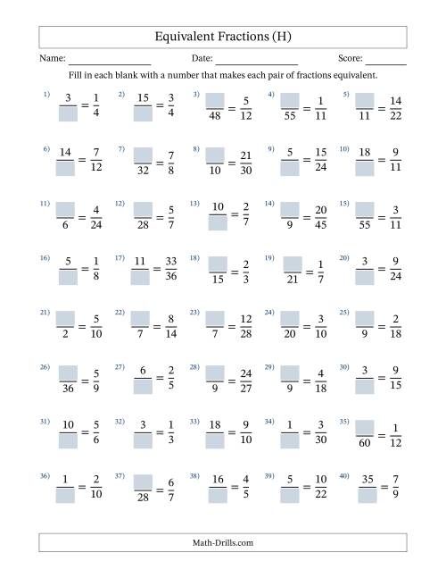 The Equivalent Fractions with Blanks (Multiply or Divide Left) (H) Math Worksheet