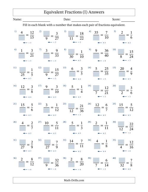 The Equivalent Fractions with Blanks (Multiply or Divide Left) (I) Math Worksheet Page 2