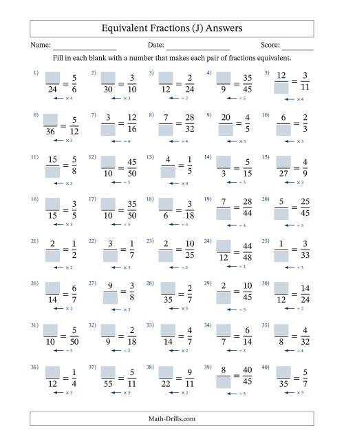 The Equivalent Fractions with Blanks (Multiply or Divide Left) (J) Math Worksheet Page 2