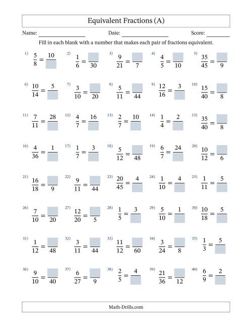 The Equivalent Fractions with Blanks (Multiply or Divide Right) (A) Math Worksheet