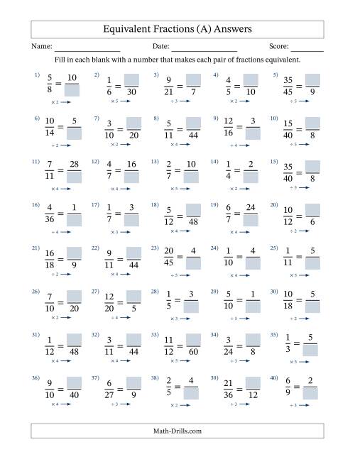 The Equivalent Fractions with Blanks (Multiply or Divide Right) (A) Math Worksheet Page 2