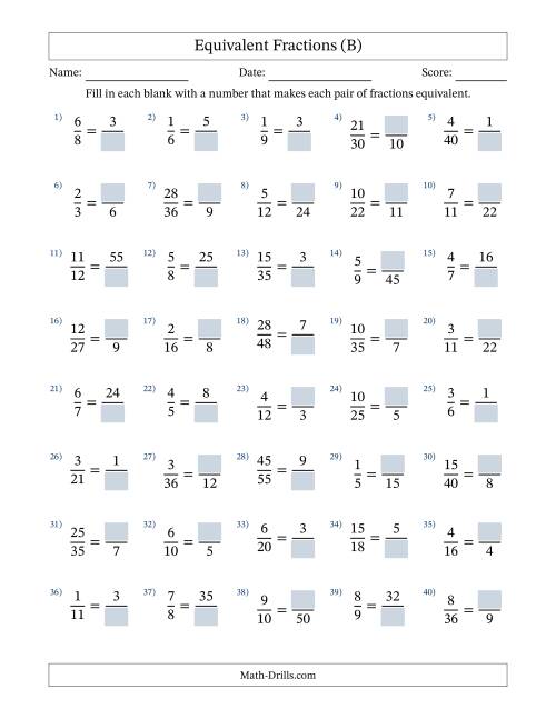 The Equivalent Fractions with Blanks (Multiply or Divide Right) (B) Math Worksheet