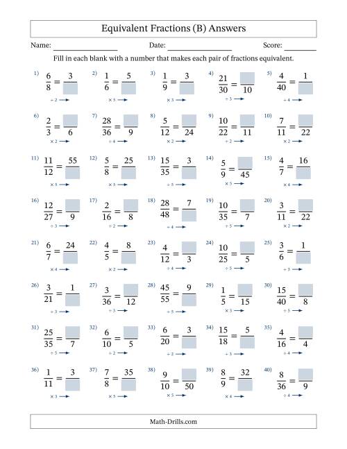 The Equivalent Fractions with Blanks (Multiply or Divide Right) (B) Math Worksheet Page 2
