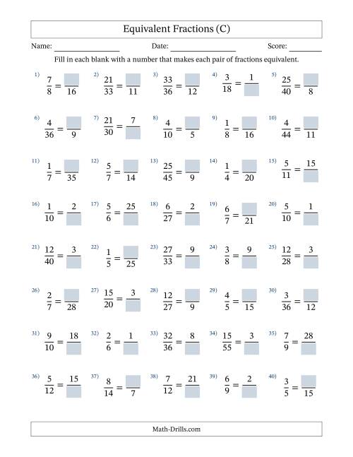 The Equivalent Fractions with Blanks (Multiply or Divide Right) (C) Math Worksheet
