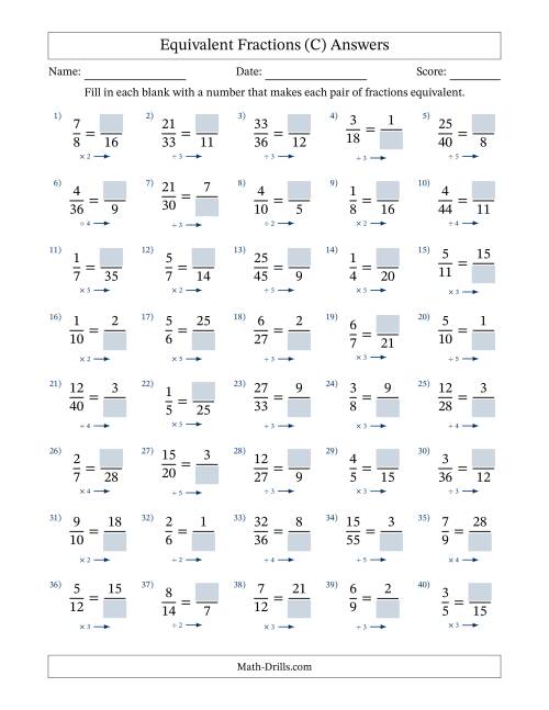 The Equivalent Fractions with Blanks (Multiply or Divide Right) (C) Math Worksheet Page 2