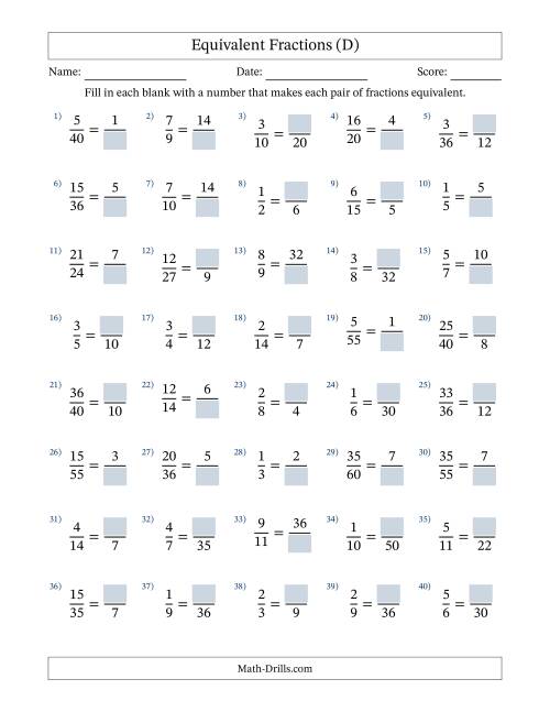The Equivalent Fractions with Blanks (Multiply or Divide Right) (D) Math Worksheet