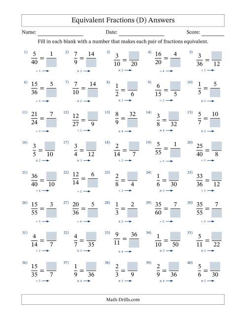 The Equivalent Fractions with Blanks (Multiply or Divide Right) (D) Math Worksheet Page 2