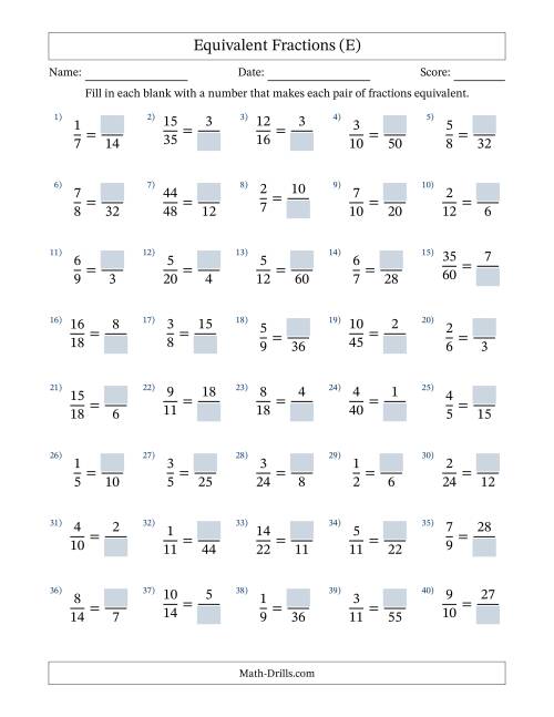 The Equivalent Fractions with Blanks (Multiply or Divide Right) (E) Math Worksheet
