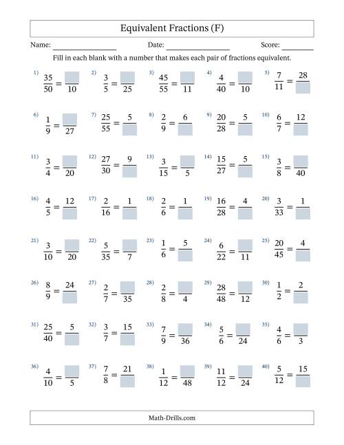 The Equivalent Fractions with Blanks (Multiply or Divide Right) (F) Math Worksheet