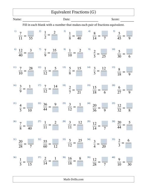 The Equivalent Fractions with Blanks (Multiply or Divide Right) (G) Math Worksheet