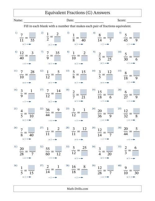 The Equivalent Fractions with Blanks (Multiply or Divide Right) (G) Math Worksheet Page 2