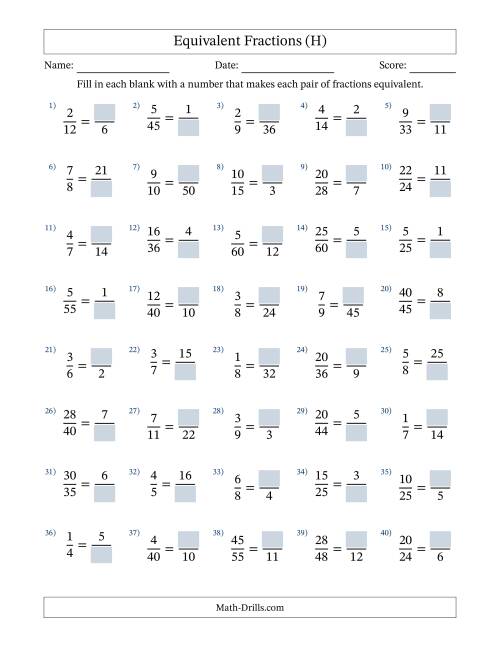 The Equivalent Fractions with Blanks (Multiply or Divide Right) (H) Math Worksheet