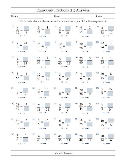 The Equivalent Fractions with Blanks (Multiply or Divide Right) (H) Math Worksheet Page 2