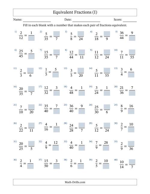 The Equivalent Fractions with Blanks (Multiply or Divide Right) (I) Math Worksheet