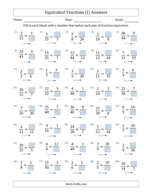 The Equivalent Fractions with Blanks (Multiply or Divide Right) (I) Math Worksheet Page 2