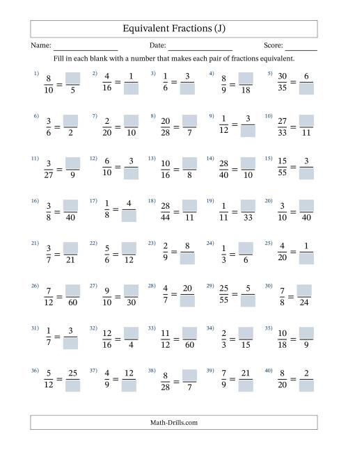 The Equivalent Fractions with Blanks (Multiply or Divide Right) (J) Math Worksheet