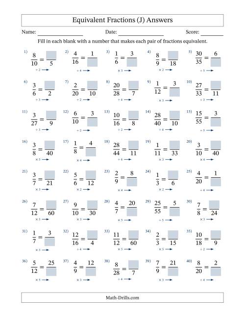 The Equivalent Fractions with Blanks (Multiply or Divide Right) (J) Math Worksheet Page 2
