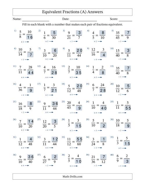 The Equivalent Fractions with Blanks (Multiply or Divide Right) (All) Math Worksheet Page 2