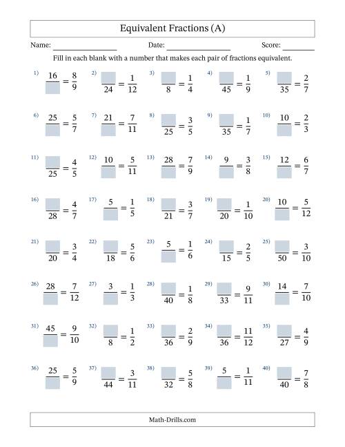 The Equivalent Fractions with Blanks (Multiply Left) (A) Math Worksheet