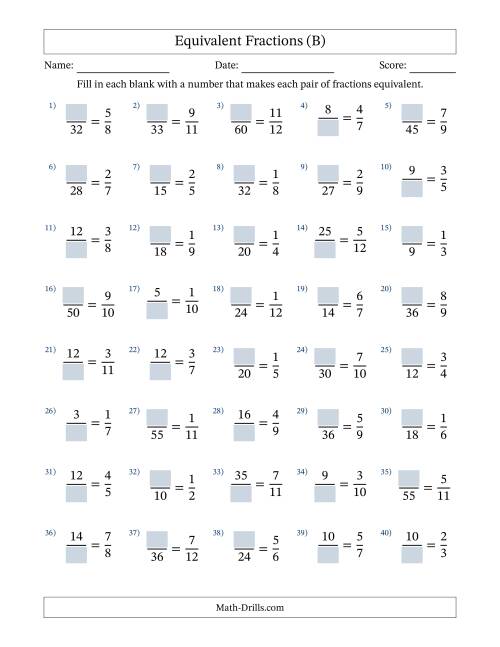 The Equivalent Fractions with Blanks (Multiply Left) (B) Math Worksheet