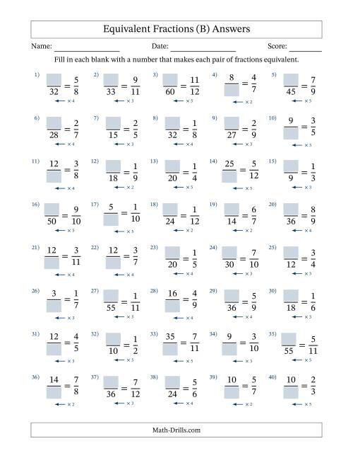 The Equivalent Fractions with Blanks (Multiply Left) (B) Math Worksheet Page 2
