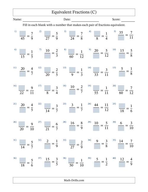 The Equivalent Fractions with Blanks (Multiply Left) (C) Math Worksheet