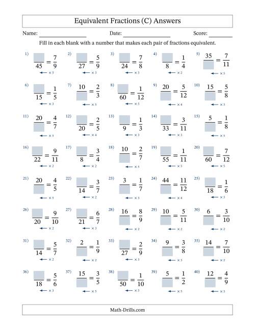 The Equivalent Fractions with Blanks (Multiply Left) (C) Math Worksheet Page 2
