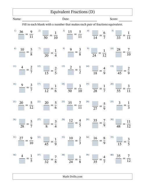The Equivalent Fractions with Blanks (Multiply Left) (D) Math Worksheet