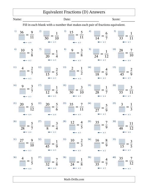 The Equivalent Fractions with Blanks (Multiply Left) (D) Math Worksheet Page 2