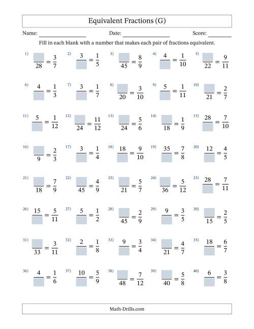 The Equivalent Fractions with Blanks (Multiply Left) (G) Math Worksheet