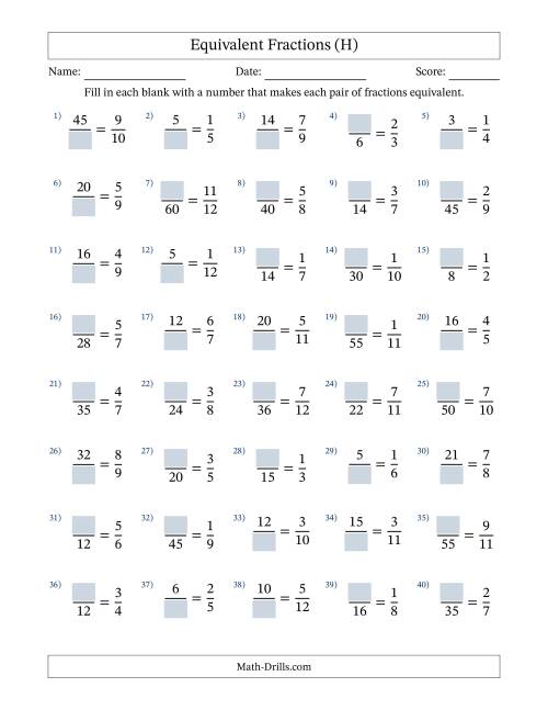 The Equivalent Fractions with Blanks (Multiply Left) (H) Math Worksheet