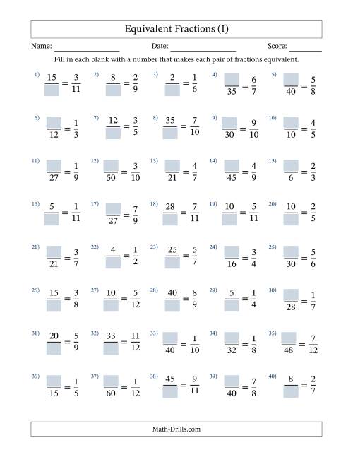 The Equivalent Fractions with Blanks (Multiply Left) (I) Math Worksheet