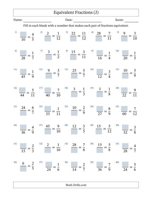 The Equivalent Fractions with Blanks (Multiply Left) (J) Math Worksheet