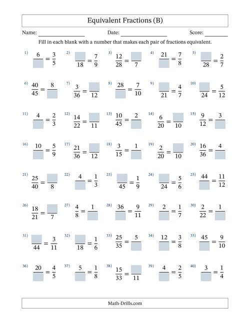 The Equivalent Fractions with Blanks (Multiply Left or Divide Right) (B) Math Worksheet
