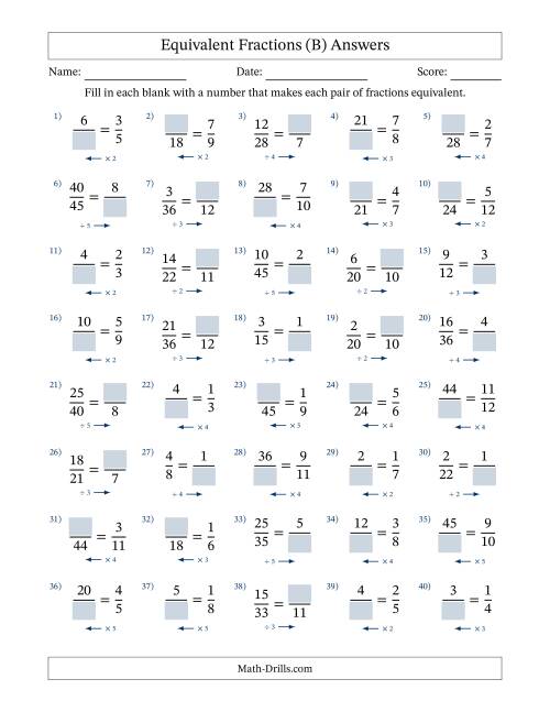 The Equivalent Fractions with Blanks (Multiply Left or Divide Right) (B) Math Worksheet Page 2