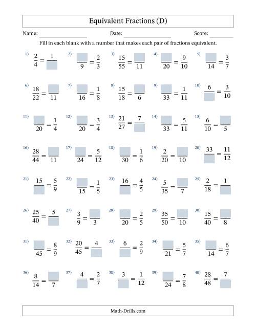 The Equivalent Fractions with Blanks (Multiply Left or Divide Right) (D) Math Worksheet