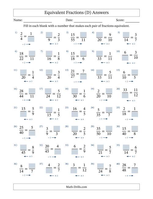 The Equivalent Fractions with Blanks (Multiply Left or Divide Right) (D) Math Worksheet Page 2