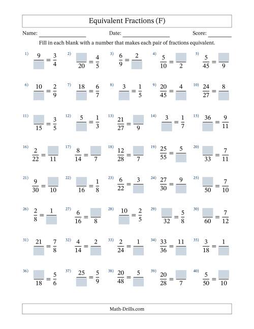 The Equivalent Fractions with Blanks (Multiply Left or Divide Right) (F) Math Worksheet