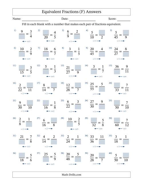 The Equivalent Fractions with Blanks (Multiply Left or Divide Right) (F) Math Worksheet Page 2