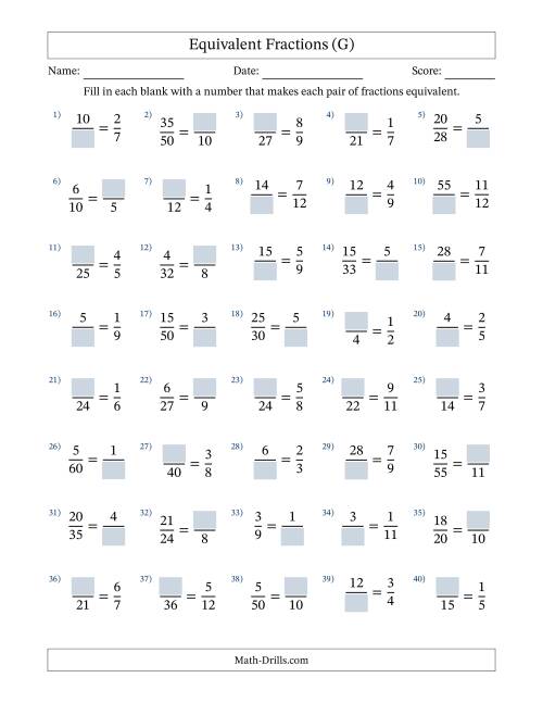 The Equivalent Fractions with Blanks (Multiply Left or Divide Right) (G) Math Worksheet