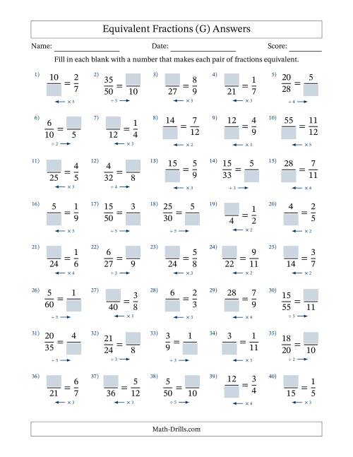 The Equivalent Fractions with Blanks (Multiply Left or Divide Right) (G) Math Worksheet Page 2