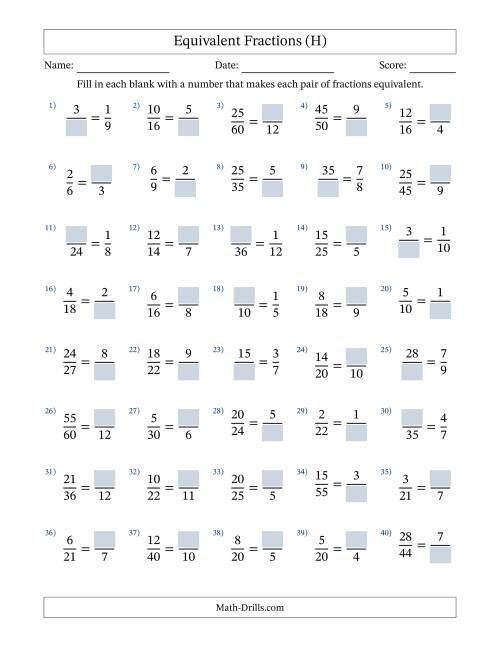 The Equivalent Fractions with Blanks (Multiply Left or Divide Right) (H) Math Worksheet