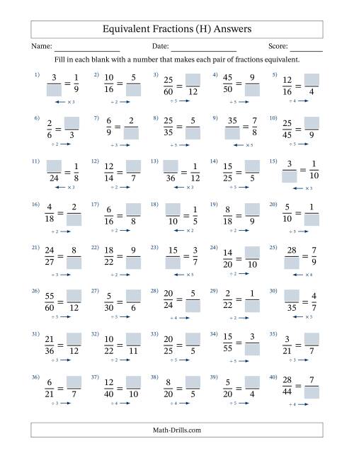 The Equivalent Fractions with Blanks (Multiply Left or Divide Right) (H) Math Worksheet Page 2