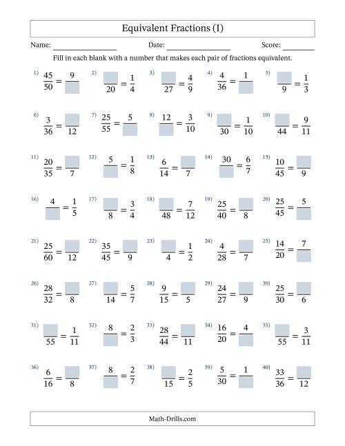 The Equivalent Fractions with Blanks (Multiply Left or Divide Right) (I) Math Worksheet