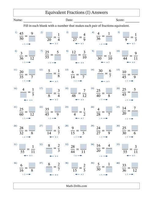 The Equivalent Fractions with Blanks (Multiply Left or Divide Right) (I) Math Worksheet Page 2