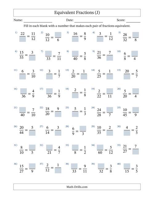 The Equivalent Fractions with Blanks (Multiply Left or Divide Right) (J) Math Worksheet